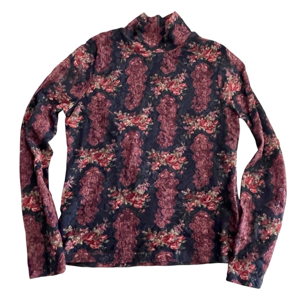 Vintage 90’s Floral Stretch Lace Mock Neck Classiques Entier — Size Medium